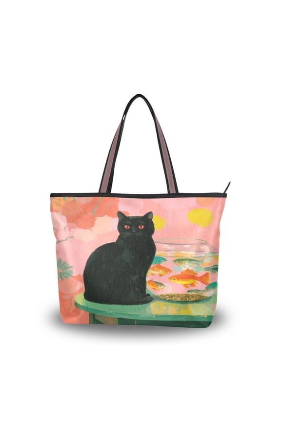Womens Tote Bag Fashion Handbags Shoulder Bag Lightweight & Multi-Compartment Carryall Black Cat and Goldfish Bowl L