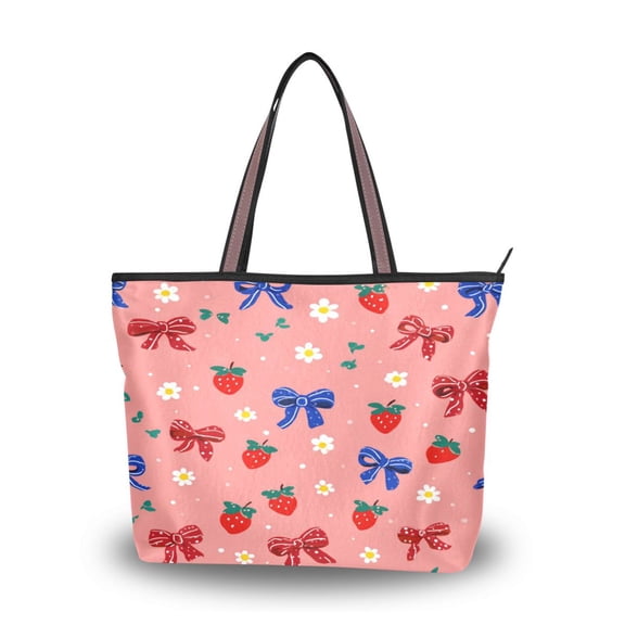 Womens Tote Bag Fashion Handbags Shoulder Bag Lightweight & Multi-Compartment Carryall Bows and Strawberries Pattern M