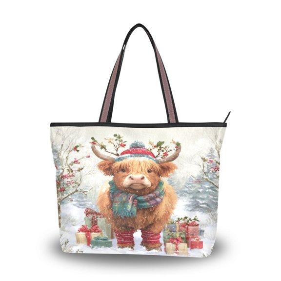 Womens Tote Bag Fashion Handbags Shoulder Bag Lightweight & Multi-Compartment Carryall Cow Wearing Christmas Hat M
