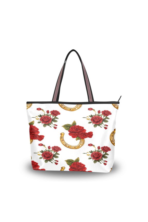 Womens Tote Bag Fashion Handbags Shoulder Bag Lightweight & Multi-Compartment Carryall Horseshoe Pattern with Red Roses L