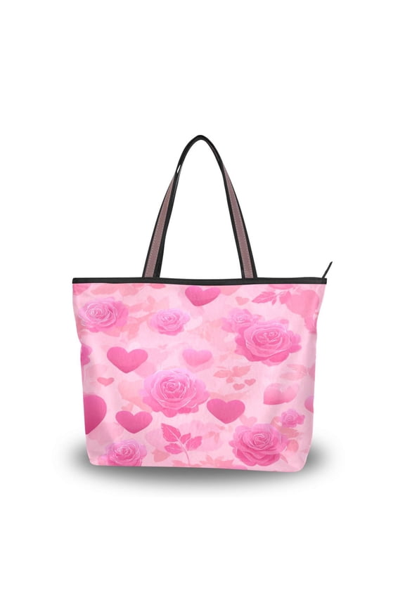 Womens Tote Bag Fashion Handbags Shoulder Bag Lightweight & Multi-Compartment Carryall Pink Hearts and Roses Pattern L