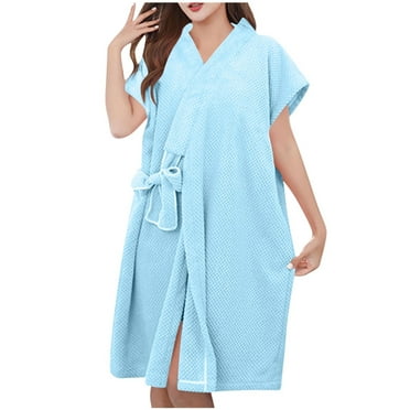 Womens Towel Robes Short Sleeve Bathrobe Tie Front Spa Shower Absorbent Towels Home Gown Silk Pajamas for Lady Sky Blue One Size
