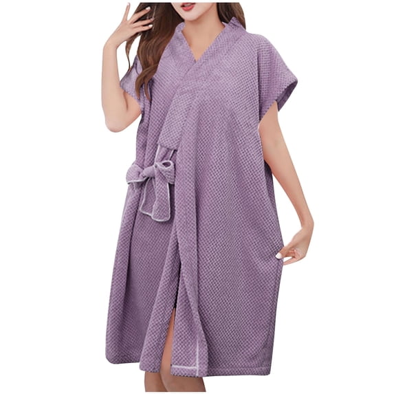 Womens Towel Robes Short Sleeve Bathrobe Tie Front Spa Shower Absorbent Towels Home Gown Sleepwear for Lady Purple One Size