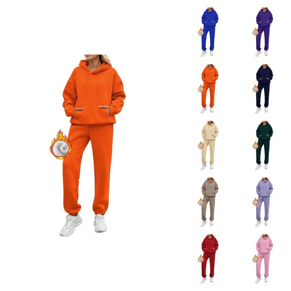 Womens Track Suits 2 Piece Set 2026 Winter Casual Plain Lined Hoodie and Joggers Sweatpants Matching Set