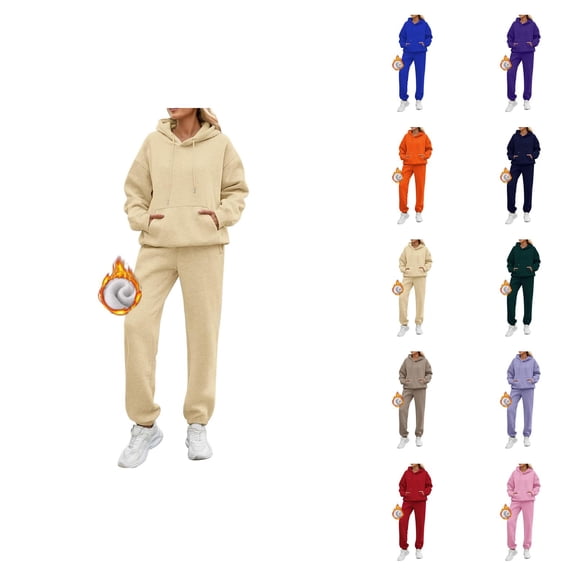 Womens Track Suits 2 Piece Set 2026 Winter Casual Plain Lined Hoodie and Joggers Sweatpants Matching Set
