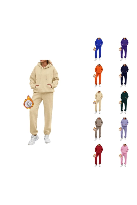 Womens Track Suits 2 Piece Set 2026 Winter Casual Plain Lined Hoodie and Joggers Sweatpants Matching Set