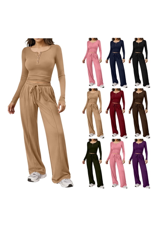 Womens Track Suits 2 Piece Set Button Up Long Sleeve Tops and Drawstring Waist Pants Matching Going Out Sets Airport Travel Outfit