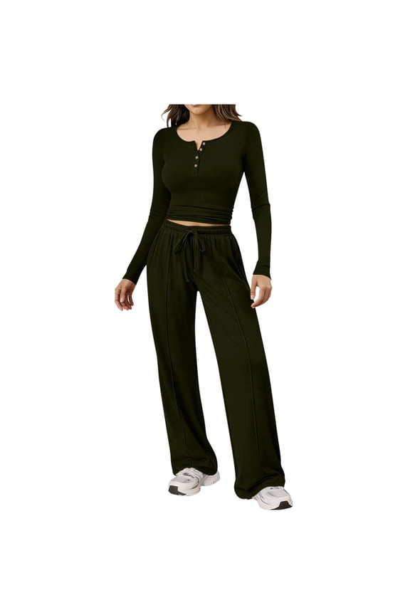 Womens Track Suits 2 Piece Set Button Up Long Sleeve Tops and Drawstring Waist Pants Matching Going Out Sets Airport Travel Outfit