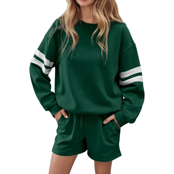 Womens Track Suits 2 Piece Set Women's Striped Drop Shoulder Sweatshirt And Shorts Casual Two Piece Set For Fall Winter Comfort