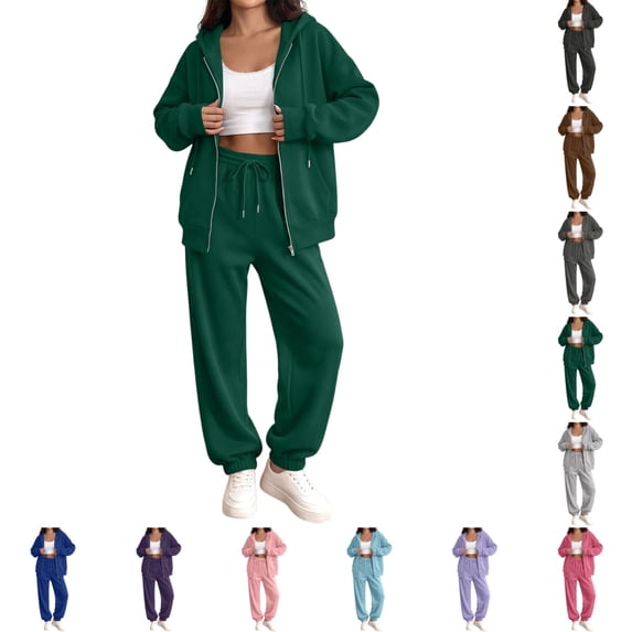 Womens Tracksuit Fashion Full Zip Up Sweatsuits Set Fall Winter Casual Hoodie and Jogger 2 Piece Set Green 2XL