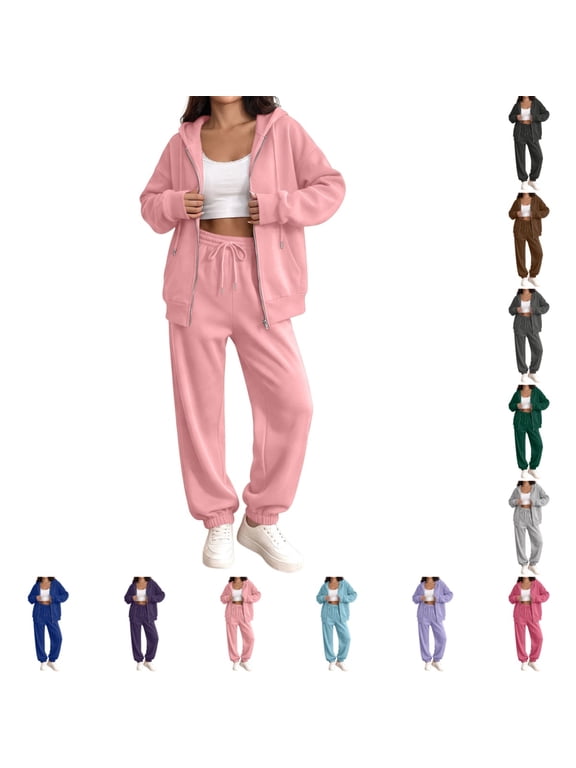 Womens Tracksuit Fashion Full Zip Up Sweatsuits Set Fall Winter Casual Hoodie and Jogger 2 Piece Set Pink XL