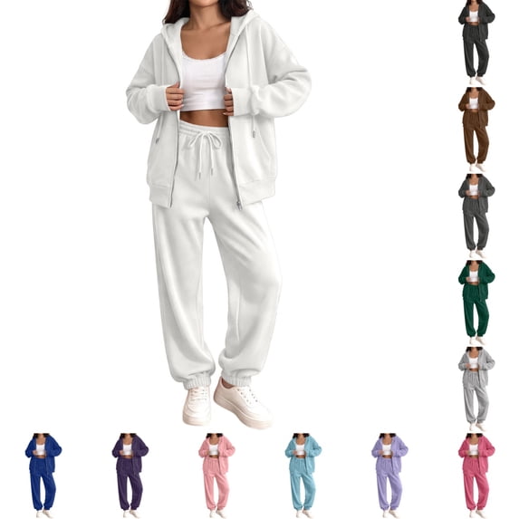 Womens Tracksuit Fashion Full Zip Up Sweatsuits Set Fall Winter Casual Hoodie and Jogger 2 Piece Set White M