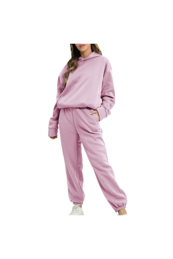 Womens Tracksuit Set Full Plain Long Sleeve Hoodie and Jogging Bottoms 2 Piece Outfit Casual Loose Sweatshirt Co Ord Set Sweat Suit Aesthetic Sport Gym Tracksuits Ladies