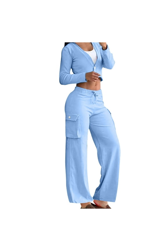 Womens Tracksuit Sets Sexy Cropped Zip Up Jacket Matching Wide Leg Cargo Pants Jogging Sweatsuits 2 Piece Outfits