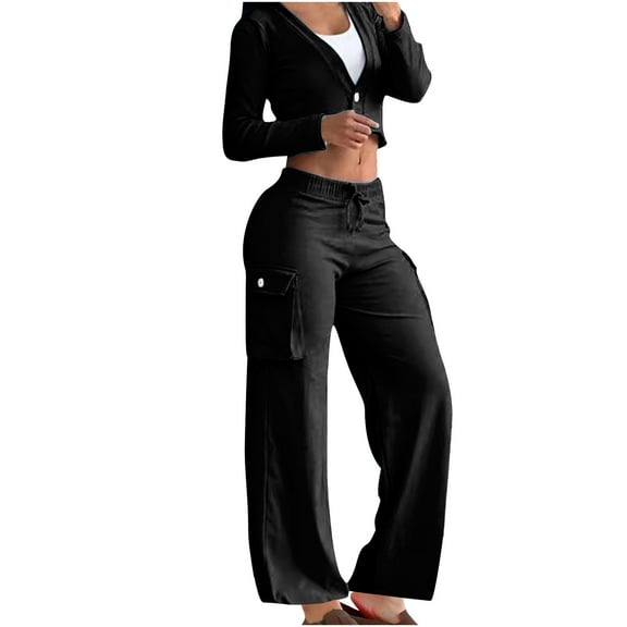 Womens Tracksuit Sets Sexy Cropped Zip Up Jacket Matching Wide Leg Cargo Pants Jogging Sweatsuits 2 Piece Outfits