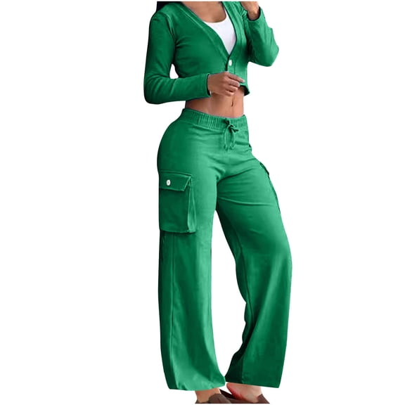 Womens Tracksuit Sets Sexy Cropped Zip Up Jacket Matching Wide Leg Cargo Pants Jogging Sweatsuits 2 Piece Outfits