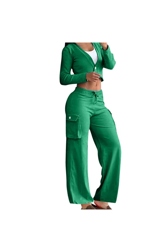 Womens Tracksuit Sets Sexy Cropped Zip Up Jacket Matching Wide Leg Cargo Pants Jogging Sweatsuits 2 Piece Outfits