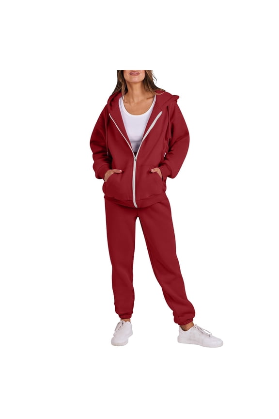 Womens Tracksuit Zip Up Hoodie Sweatsuits 2 Piece Outfits Jogger Pant Sets with Pockets Baggy Sweatshirt Sportswear (2XL, Red)