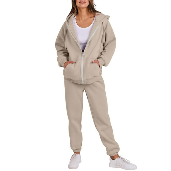 Womens Tracksuit Zip Up Hoodie Sweatsuits 2 Piece Outfits Jogger Pant Sets with Pockets Baggy Sweatshirt Sportswear (XL, Beige 01)