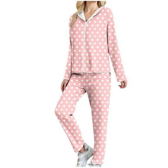 Womens Tracksuits 2 Piece Outfits Full Zip Sweatshirt Hoodie Jacket and Elastic Drawstring Long Pant Sets Sportswear (L, Pink|Dots)
