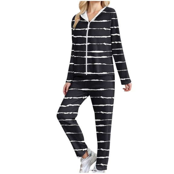 Womens Tracksuits 2 Piece Outfits Full Zip Sweatshirt Hoodie Jacket and Elastic Drawstring Long Pant Sets Sportswear (M, Black|Stripes)