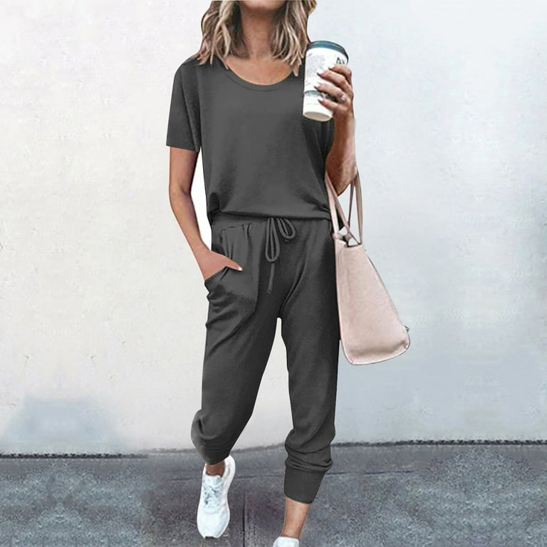 Womens Tracksuits Summer Short Sleeve 2 Piece Outfits Crewneck T Shirt Tops  and Drawstring Sweatpants Pant Sets (Small, Dark Gray) 