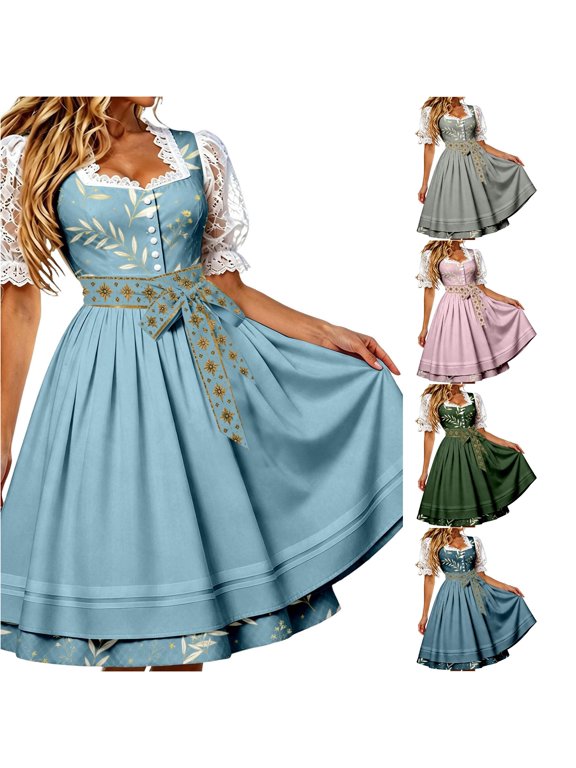 Womens Traditional Bavarian Dirndl Dress Square Neck Sleeveless Gown with Apron