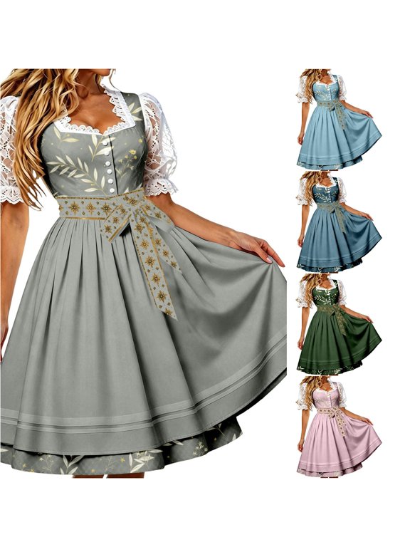 Womens Traditional Bavarian Dirndl Dress Square Neck Sleeveless Gown with Apron