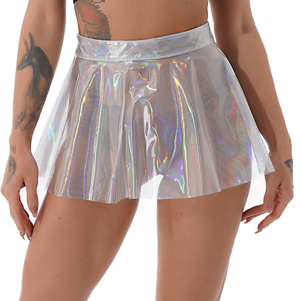 Womens Transparent PVC Pleated Mini Skirt High Waist See Through