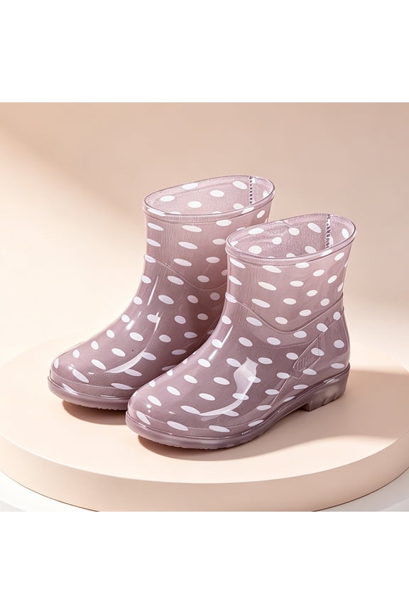 Womens Transparent Polka Dot Mid Calf Rain Boots Glossy PVC Slip On Non Slip Waterproof Short Wellies Gray 37