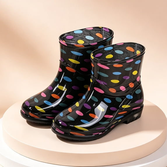 Womens Transparent Polka Dot Mid Calf Rain Boots Glossy PVC Slip On Non Slip Waterproof Short Wellies Multicolor A 39