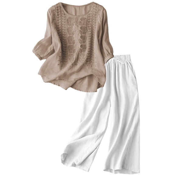 Womens Travel Pants Casual Embroidered Top And Cotton Linen Long Pants Two-Piece Set Wide Elastic High Waist Floor Sweeping Wide Leg With Side Pockets For Warm Weather L Pants For Women