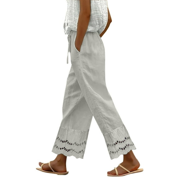Womens Travel Pants Casual Loose Fitting Waist And Ankle Patchwork Lace Cotton And Linen Long Pants Stylish For Daily Wear L Pants For Women