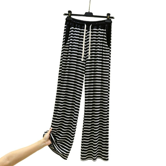 Womens Travel Pants Casual Striped Straight Leg Wide Leg Pants With Drape & Loose Pockets Home Pajama Pants 70% Cotton 30% Linen 2Xl Pants For Women