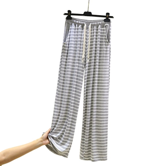Womens Travel Pants Casual Striped Straight Leg Wide Leg Pants With Drape & Loose Pockets Home Pajama Pants 70% Cotton 30% Linen L Pants For Women