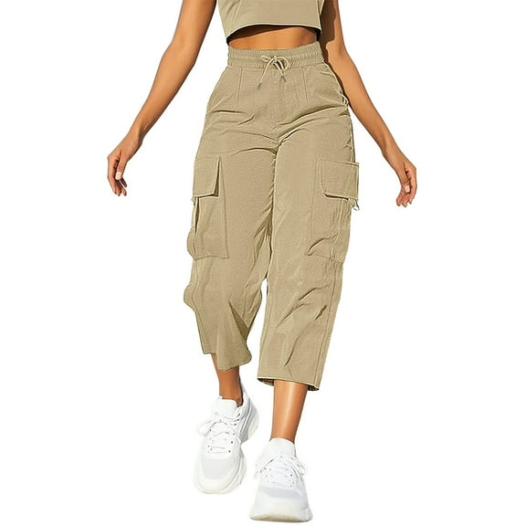 Womens Travel Pants Daily Elastic Waist Straight Solid Color Casual Cargo 3/4 Length Pants With Pockets Nylon And Spandex Blend L Pants For Women