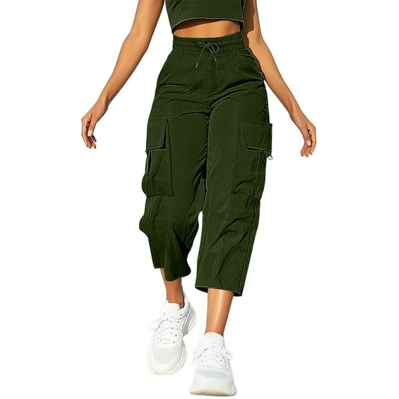 Womens Travel Pants Daily Elastic Waist Straight Solid Color Casual Cargo 3/4 Length Pants With Pockets Nylon And Spandex Blend L Pants For Women