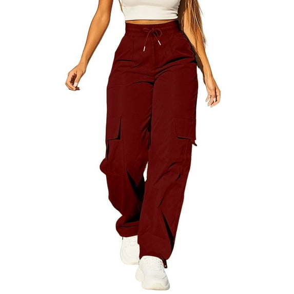 Womens Travel Pants Daily Elastic Waist Straight Solid Color Casual Cargo Long Pants With Pockets Nylon And Cotton Material S Pants For Women