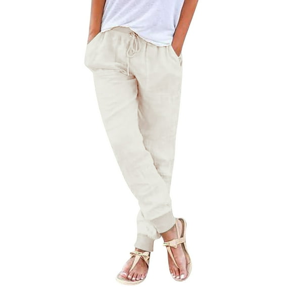Womens Travel Pants Elastic Waist Casual Trousers With Pockets Tapered Leg Solid Color Pants 55% Cotton + 45% Polyester Soft Lightweight 3Xl Pants For Women