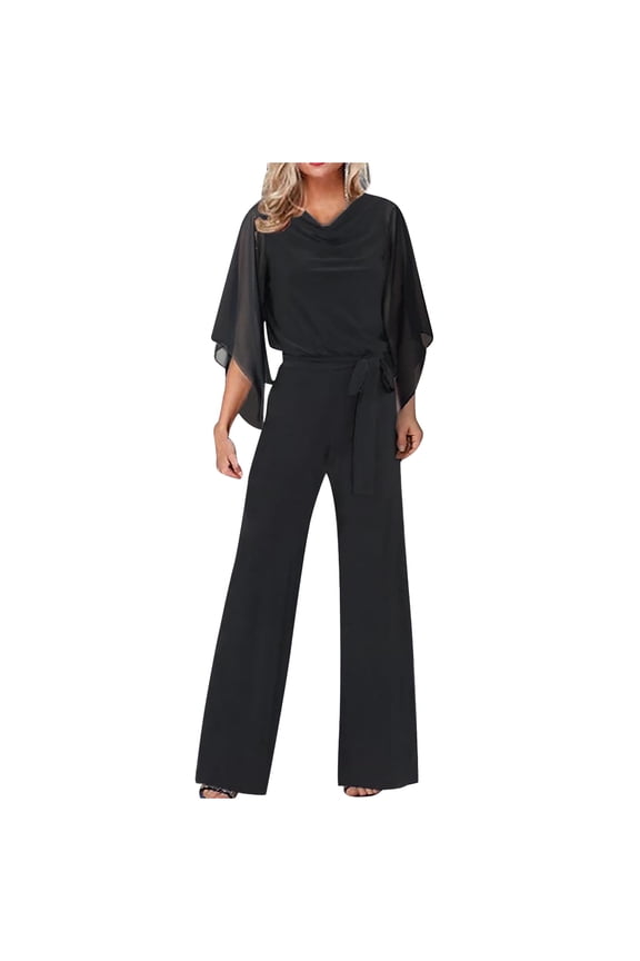 Womens Travel Pants Elegant High Waist Jumpsuit 3/4 Sleeve Solid Color Wedding Casual Pant Suit Holiday Party Wear Comfortable Polyester 2Xl Pants For Women