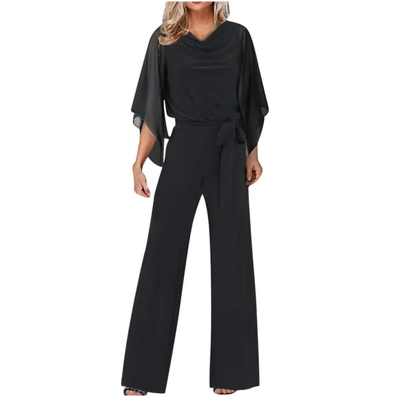 Womens Travel Pants Elegant High Waist Jumpsuit 3/4 Sleeve Solid Color Wedding Casual Pant Suit Holiday Party Wear Comfortable Polyester M Pants For Women