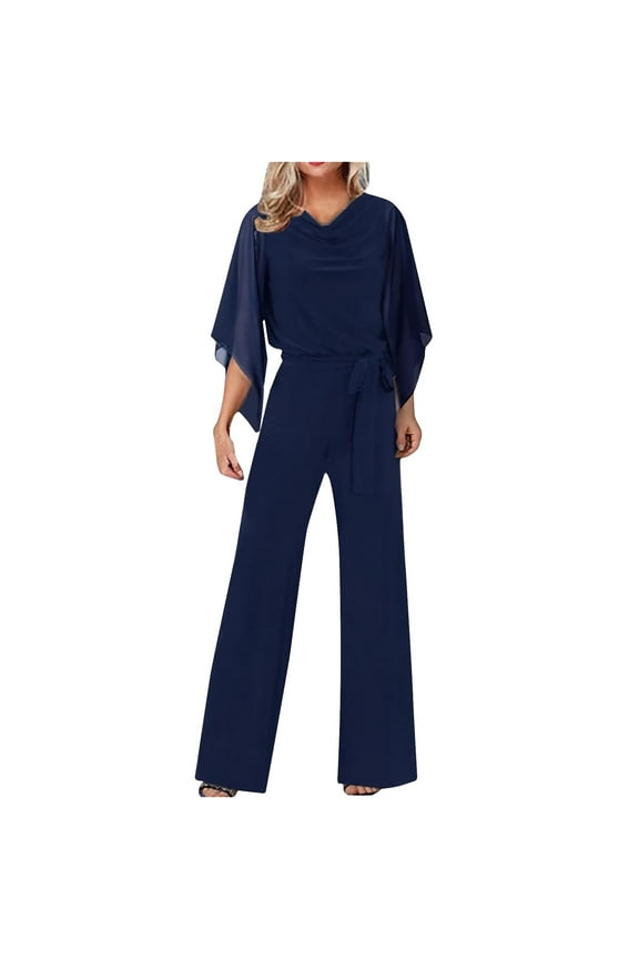 Womens Travel Pants Elegant High Waist Jumpsuit 3/4 Sleeve Solid Color Wedding Casual Pant Suit Holiday Party Wear Comfortable Polyester M Pants For Women
