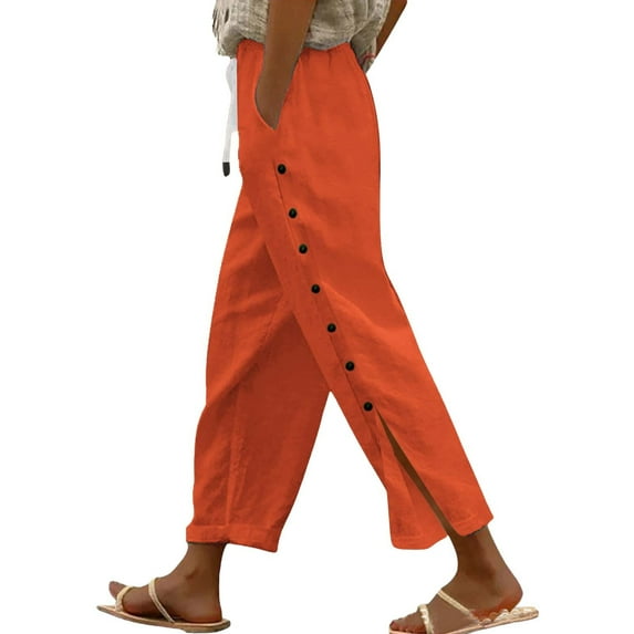 Womens Travel Pants Fashion Solid Color Cotton Linen Elastic Seven-Point Beach Casual Pants Comfortable Fabric Multiple Colors L Pants For Women