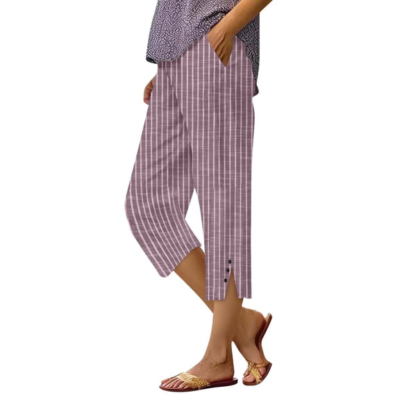 Womens Travel Pants Fashionable Casual Striped Cotton And Linen Shorts Loose Pants With Buttons And Pockets Soft Breathable For Leisure Vacation Beach M Pants For Women