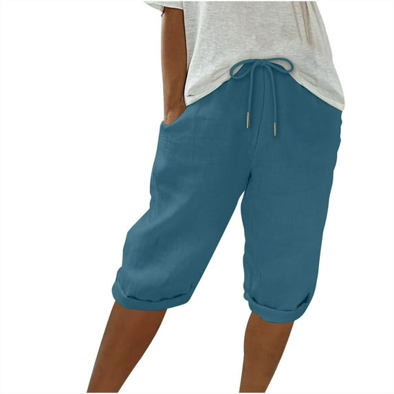 Womens Travel Pants Knee Length Linen Shorts Elastic Waist Summer Casual Gym Shorts With Pockets Lightweight Comfortable Xl Pants For Women