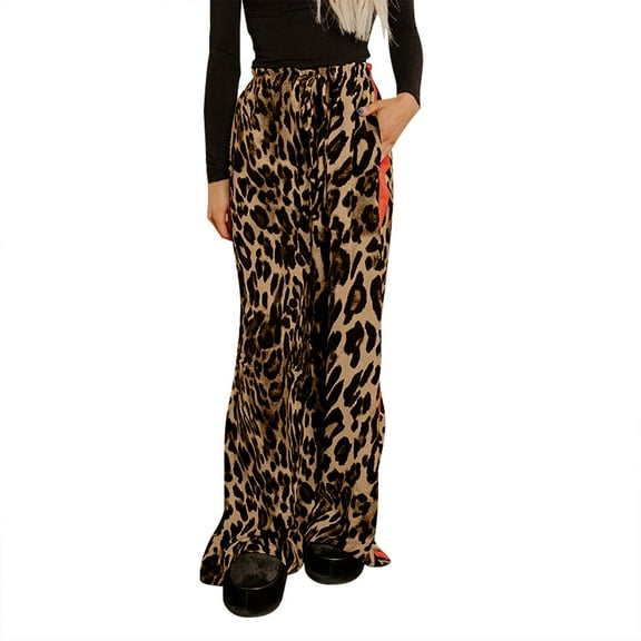 Womens Travel Pants Leopard Print Wide Leg Pants With Red Side Stripe Comfortable Trousers With Pocket Polyester And Spandex Fabric Retro Fashion Style 2Xl Pants For Women