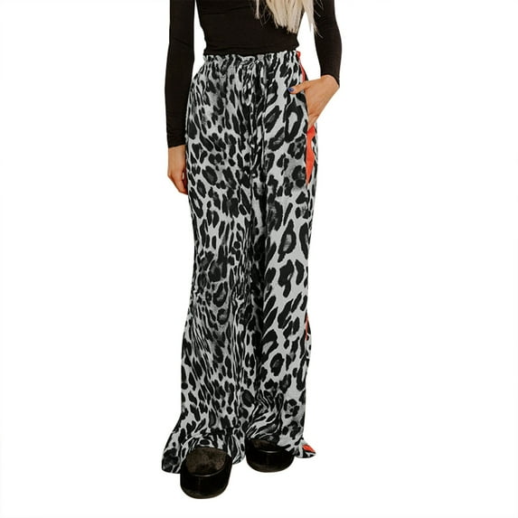Womens Travel Pants Leopard Print Wide Leg Pants With Red Side Stripe Comfortable Trousers With Pocket Polyester And Spandex Fabric Retro Fashion Style S Pants For Women