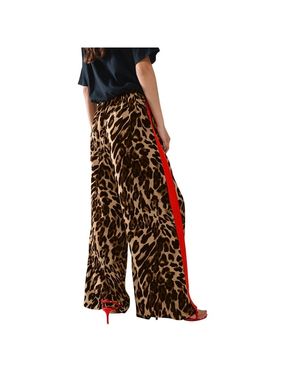 Womens Travel Pants Leopard Print Wide Leg Pants With Red Side Stripe Drawstring Waist Comfortable Polyester Casual Pants For Daily Wear M Pants For Women