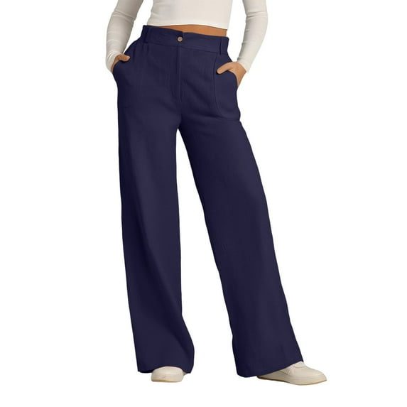 Womens Travel Pants Solid Colored Cotton And Linen Wide Leg Pants Long Trousers With Buttons And Loose Outer Pockets Elastic High Waist Soft Breathable M Pants For Women