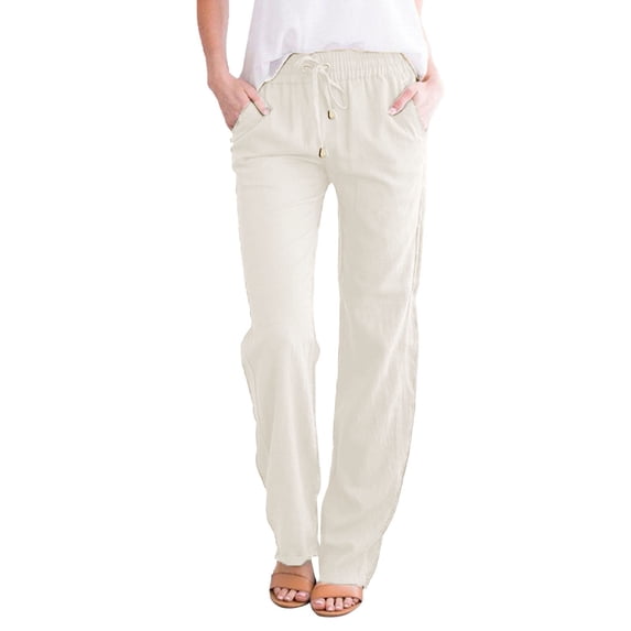 Womens Travel Pants Solid Straight Elastic Drawstring Waist Long Casual Cotton Pants Sporty Fashion Comfy Spring Summer Trousers L Pants For Women